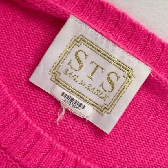 Sail to Sable crewneck sweater, hot pink pompoms pullover cashmere wool blend - Picture 9 of 16